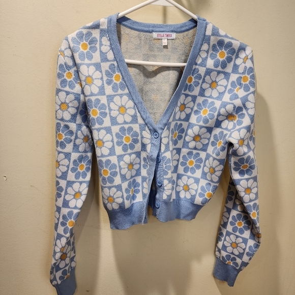 Stella Tweed Y2K Daisy Print V neck button Down Crop sweater size M - Picture 8 of 10